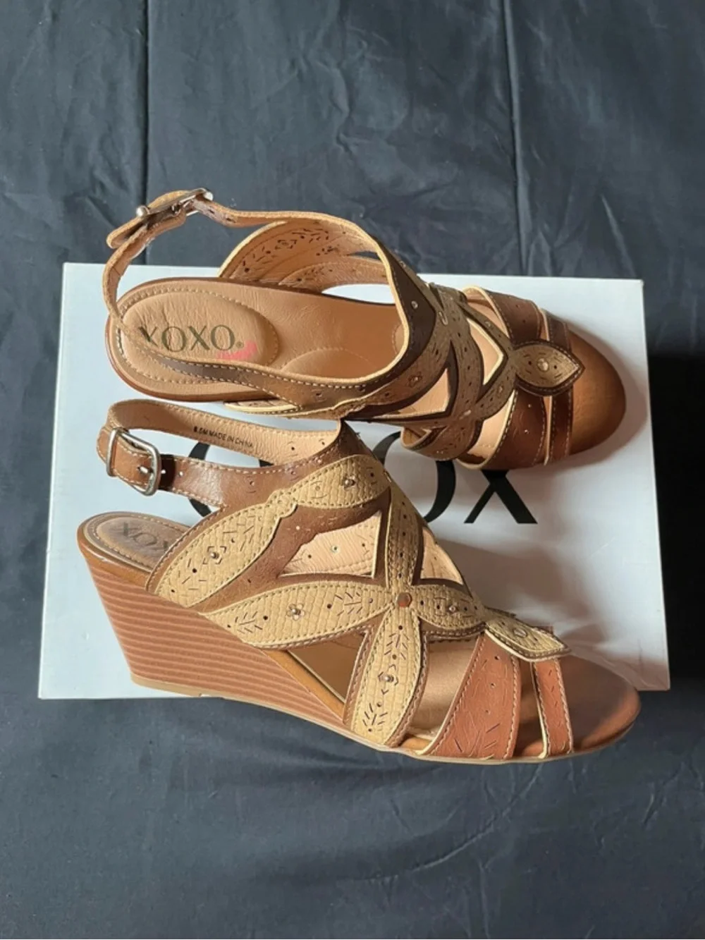 XOXO Two-Tone Tan and Brown Wedge Sandals